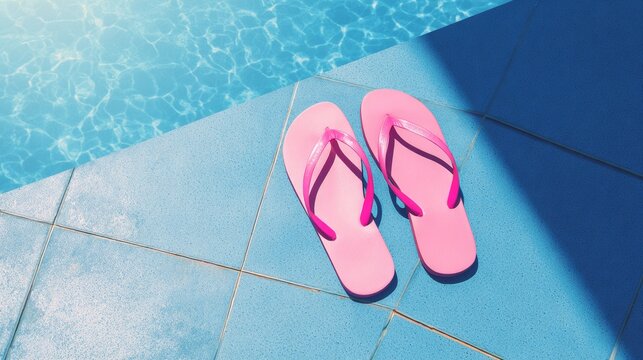 Pink flip flops sitting on blue pool tiles next to shimmering water, bright summer day, vacation vibes