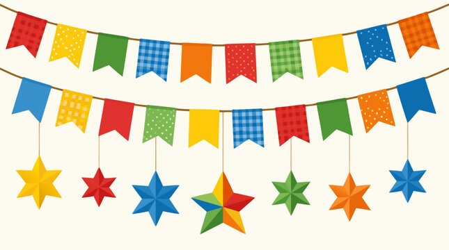 Vibrant festive hanging bunting flags and colorful paper stars for Festa Junina Brazilian folklore festival celebration, professional flat vector illustration isolated on a clean light background.