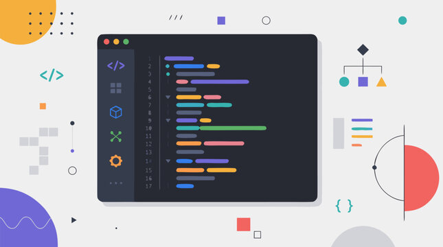 Abstract Digital Programming Code Symbols and Syntax on Screen, Flat Vector Illustration of Software Development and Coding Background, Tech Concept of Web Programming and Data Processing