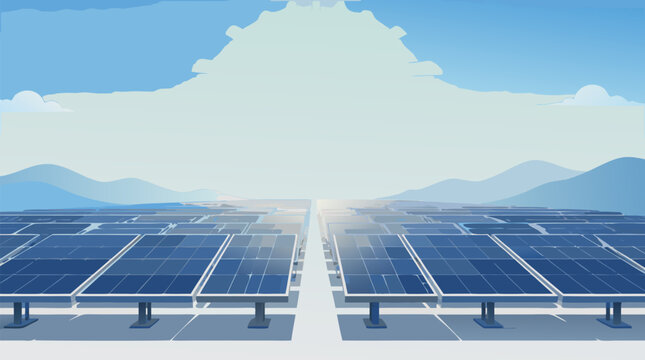 Innovative flat vector illustration of a solar panel grid absorbing radiant sunlight, symbolizing renewable energy, sustainable power, and eco-friendly technology for a green future.