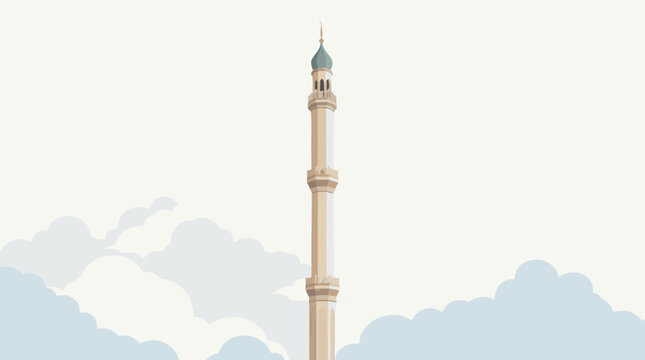 Majestic tall slim minaret tower pointing towards the sky and fluffy clouds, detailed flat vector illustration of traditional religious architecture and cultural heritage on a clean light background.