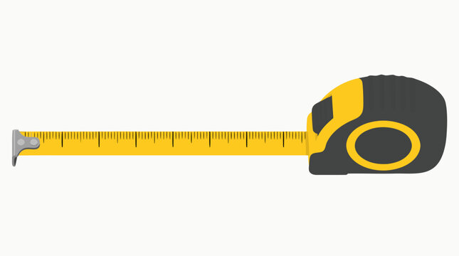 Professional yellow retractable tape measure unrolled to show precise length and measurement scale. Minimalist flat vector illustration of an essential tool for DIY, construction, and carpentry.