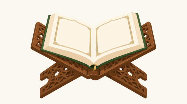 Open Holy Quran book resting on a traditional carved wooden rehal stand. Sacred Islamic scripture with calligraphy for religious education and prayer, flat vector illustration on a light background.