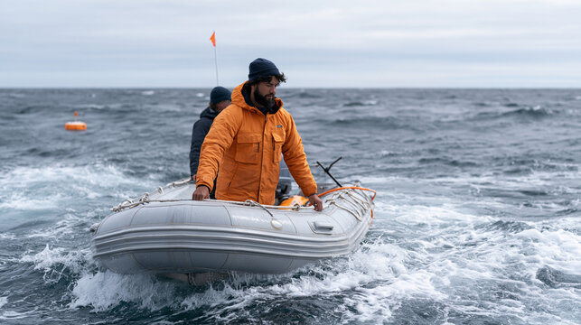 oceanography graduate student deploying autonomous underwater glider from inflatable research boat, overcast sky above choppy open water, GPS buoy floating nearby, supervisor