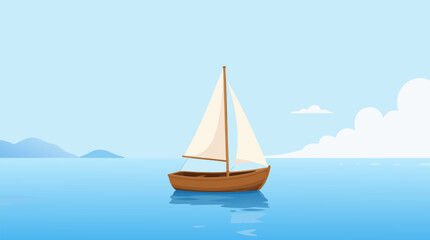 Fototapeta premium Minimalist flat vector illustration of a small wooden sailboat with a white sail drifting peacefully on a calm blue sea under a clear sky, perfect for travel and nautical design themes.