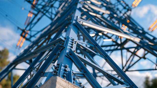 Electricity transmission line steel lattice pylon base anchored in concrete foundation photographed from ground looking upward, geometric angular steel structure grid infrastructure energy corridor 