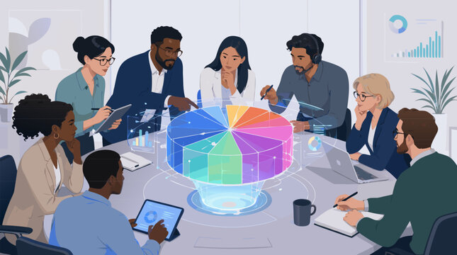 Modern flat vector illustration of a professional team analyzing a massive floating holographic financial pie chart, representing big data analysis, business strategy, and team collaboration.