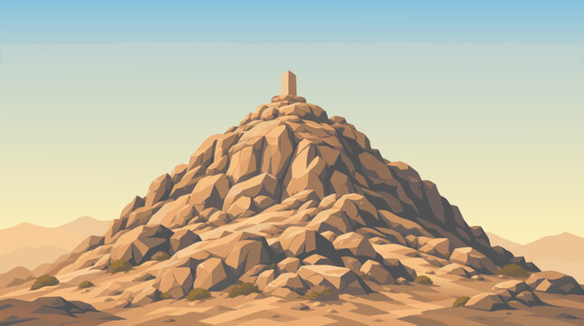 Minimalist flat vector illustration of a desert mountain peak representing Mount Arafat for Hajj and Arafat Day, featuring soft sandy colors and a clear sky for Islamic religious design.
