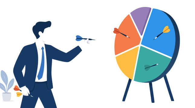 Creative flat vector illustration of a faceless investor throwing darts at a target board constructed from multiple pie charts, symbolizing investment strategy, risk, and financial target goals.