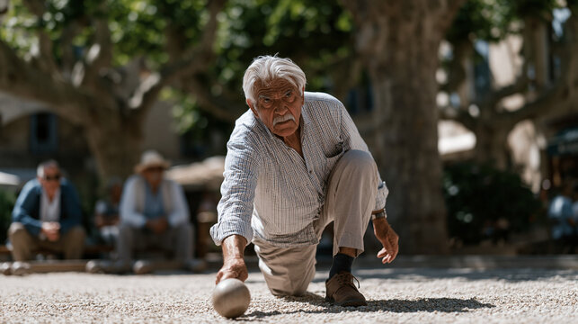 Elderly p&eacute;tanque player releasing a boule with practiced finesse on a sun-baked gravel pitch in a southern village square, opponents studying the cluster near the cochonnet, plane