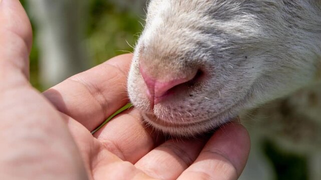Offering left hand under lamb muzzle, lamb pressing pink nose, nuzzling chin in pasture for comfort