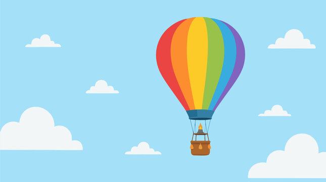 Vibrant hot air balloon floating gracefully in a clear blue summer sky, flat vector illustration of a peaceful aerial adventure, travel, and freedom in the clouds on a light background.