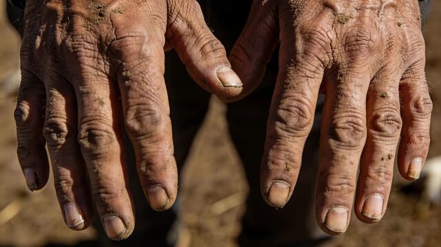 Camera framing farmer's dirty hands rotating thumb and parting fingers at sunlit earth showing dirt