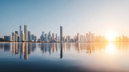 Fototapeta premium City skyline reflecting on calm water at golden hour featuring modern skyscrapers under a clear tranquil sky