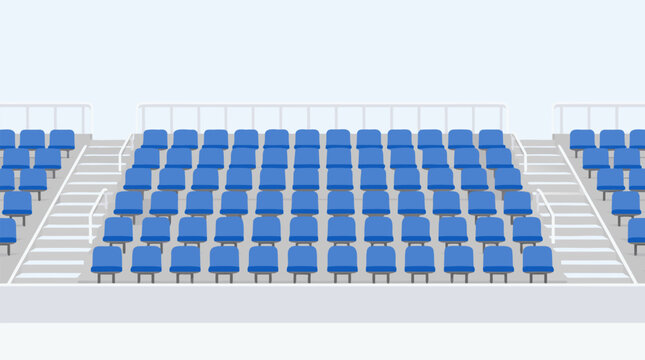 Minimalist flat vector illustration of empty stadium bleacher seats in rows, representing a quiet arena before a big event or the concept of cancelled sports matches and vacant venues.
