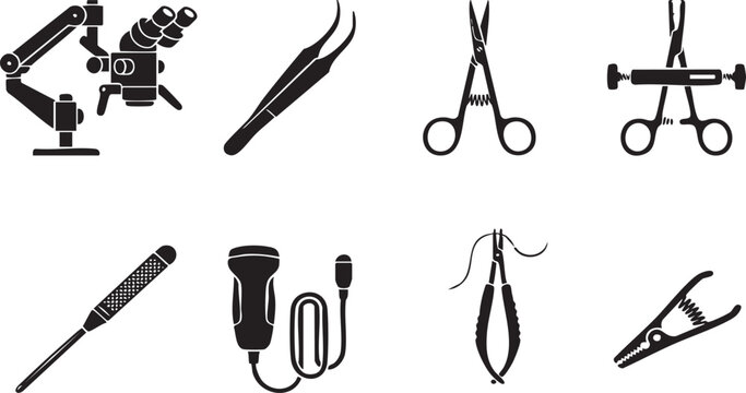 Surgical instruments vector set, medical equipment icons for surgery, black silhouette healthcare tools for hospital