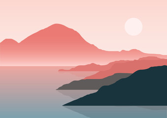 Minimal Mediterranean themed landscape at sunset with mountains and ocean  © Kirsty Pargeter