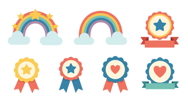 Achievement award ribbons and colorful rainbow icons