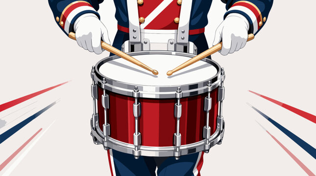 Parade marching snare drum with wooden sticks, flat vector illustration of a musical percussion instrument for marching bands, concerts, and rhythmic musical performances, isolated on white.