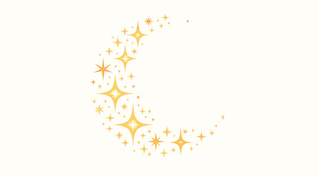 Stunning abstract crescent moon shape composed of sparkling glowing stars in a flat vector design, perfect for celestial themes, night sky backgrounds, magical concepts, and festive decor.