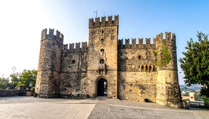 Fototapeta premium A stone castle with turrets and an arched entrance stands on a paved square under a blue sky, flanked by trees