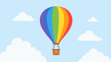 Obraz premium Vibrant rainbow colored hot air balloon floating gracefully in a clear blue sky, flat vector illustration of a whimsical aerial adventure and outdoor travel tourism concept design elements.