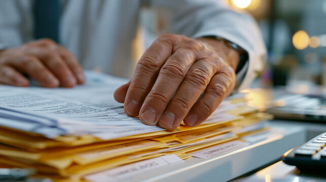 International freight forwarding agent organizing multilingual shipping manifests, certificates of origin, and commercial invoices into labeled folders on sterile white surface, close-up of hands so