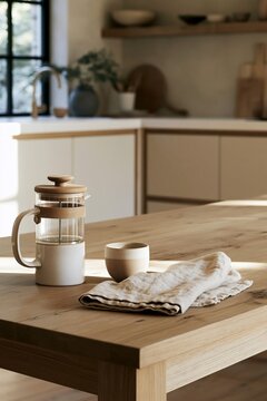 View through a softly blurred French press on a raw oak dining table with a stoneware cup and linen napkin in a modern Japandi kitchen