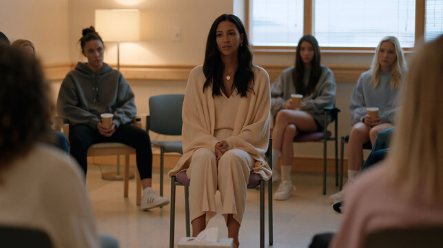 Eating disorder support group facilitator seated in a circle of mismatched chairs inside a hospital outpatient room, soft lamp in the corner replacing harsh overhead light,