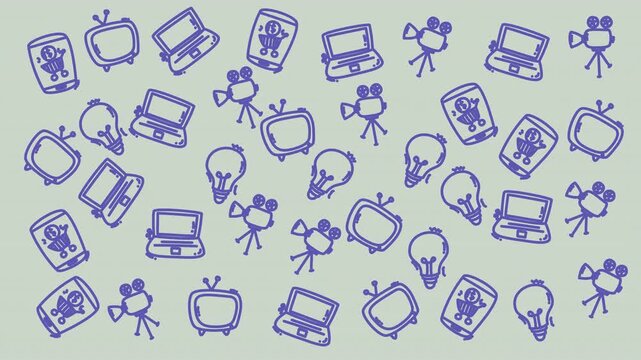 Hand-drawn icons depict media and technology tools. Simple blue outlines show televisions, laptops, cameras, and lightbulbs. Each symbol represents a creative or digital concept
