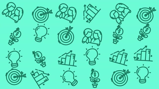 Hand-drawn icons depict business growth, innovation, and strategy. Teal outlines show targets, charts, lightbulbs, and upward trends. Simple doodles convey ambition, ideas, and market success