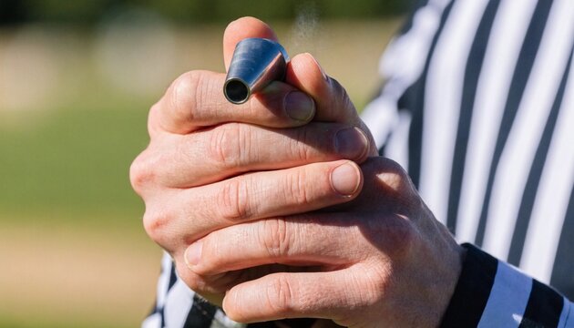 Professional sports referee hands holding and blowing a classic silver metal whistle, signifying a foul or game start during an intense competition with a blurred athletic field in the background.