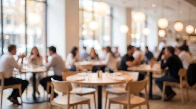 Abstract blurred view of busy restaurant dining room with people sitting at tables and warm glowing lights creating cozy social atmosphere for lunch or dinner service