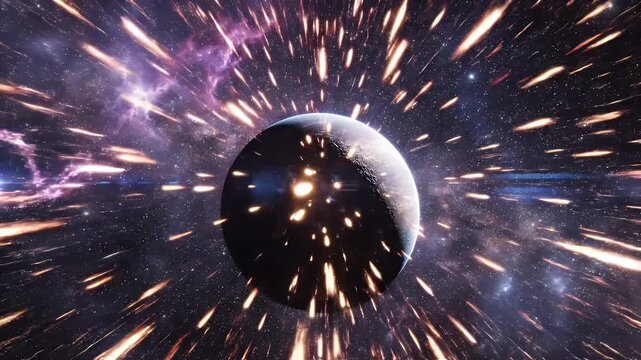 A vibrant and dynamic digital artwork depicts a swirling vortex of energy and light, resembling a cosmic portal or a futuristic hyperspace jump.