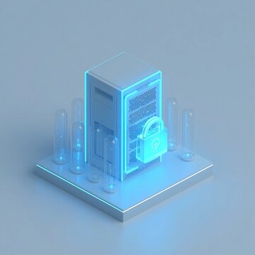 3D Isometric Cyber Security Server with Glowing Neon Blue Padlock