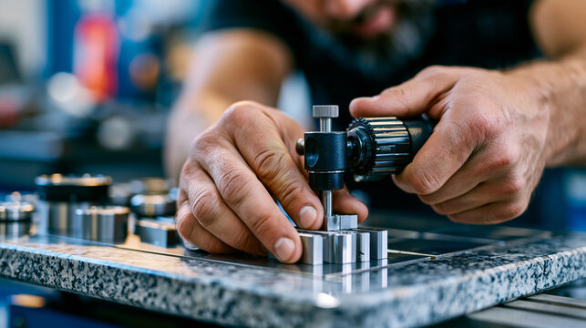 Metrologist adjusts calibration precision instrument micrometer on granite surface plate in certified metrology laboratory, close-up hands manipulating reference gauge blocks, quality assurance dime