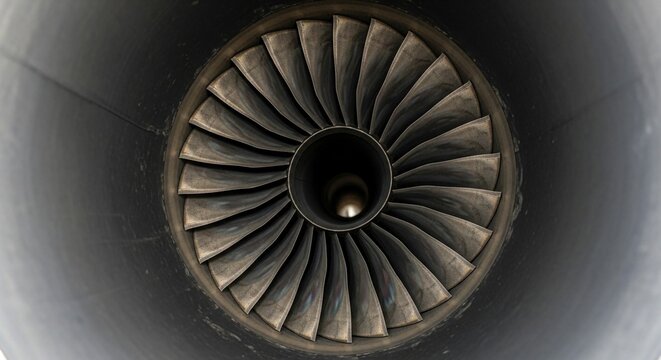 Detailed Close-Up View of a Jet Engine Turbine Fan Blades, Showcasing Aviation Engineering and Power