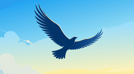 Fototapeta premium Abstract silhouette of a lone bird soaring high across a bright and sunny sky in a minimalist flat vector illustration style, representing freedom, peace, hope, and the beauty of wild nature in