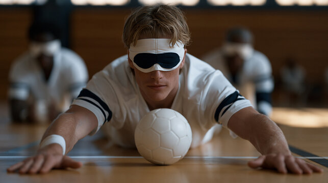 Goalball athlete diving full-length across the court to block an incoming ball using tactile instinct, the arena in near silence as all three defenders listen for the bell inside