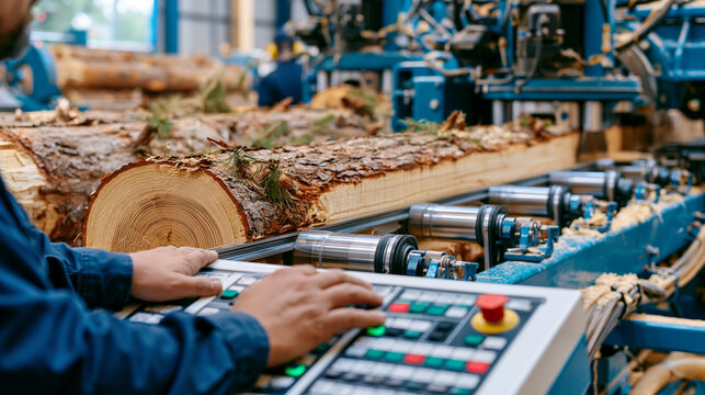 Paper mill log debarker machine strips pine trunks in noisy processing line, close-up hands of operator on control panel monitoring feed rate, pulp wood preparation raw material forestry manufacturi