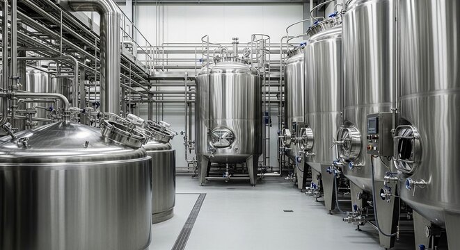 Expansive industrial bioreactor facility showcasing advanced steel fermentation tanks and complex piping systems