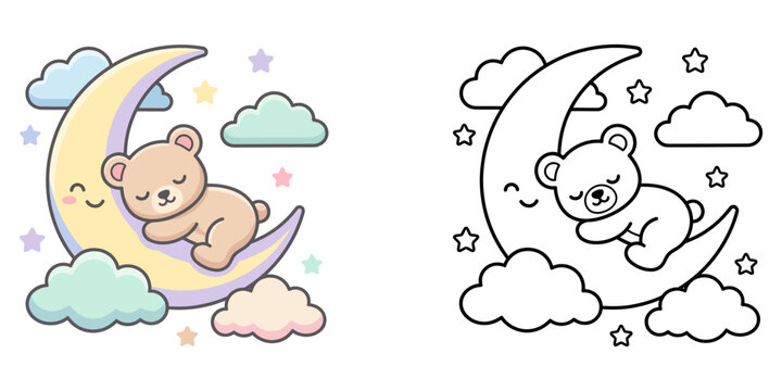 Sleeping bear on crescent moon illustration set color and blackline versions