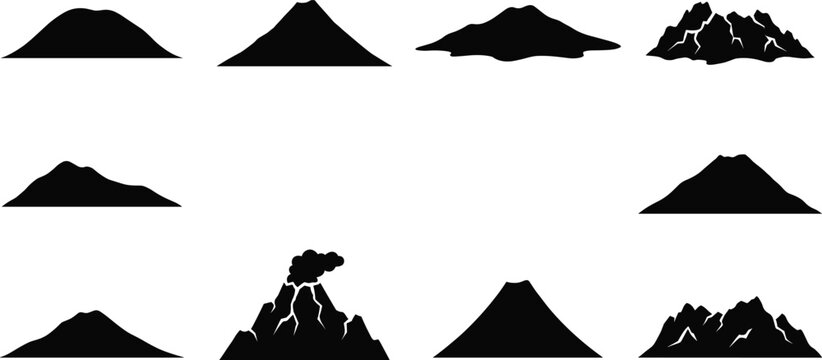 Mountain and Volcano Silhouette Collection with Natural Landscape Peak Elements