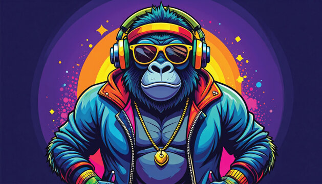 Gorilla wearing headphones and sunglasses.