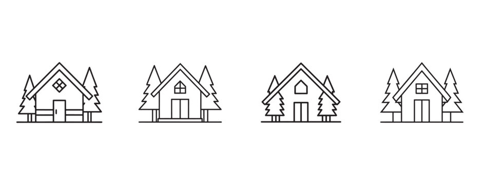 houses with trees  simple iconic homes with fences and pine trees