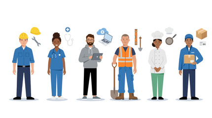 Fototapeta premium Diverse group of professionals including a construction worker, nurse, it specialist, laborer, chef, and delivery worker