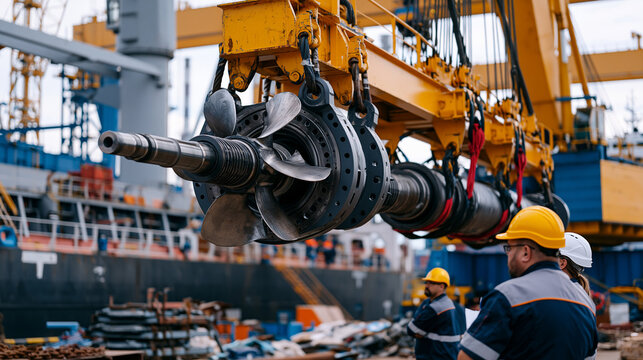 Shipyard gantry crane lifts propeller shaft assembly above partially completed bulk carrier in dry dock, marine engineers monitoring lift on ground below, vessel construction heavy lift rigging harb