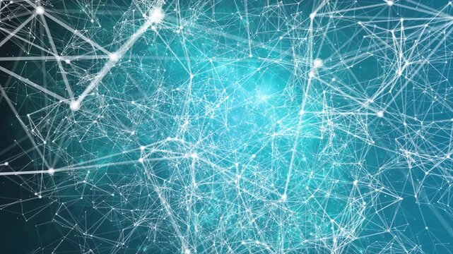 A high-tech animated plexus network of luminous dots and glowing lines, dynamically reconfiguring, against a crimson to midnight blue gradient background