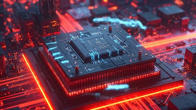 Futuristic computer processor glowing with red light on a circuit board
