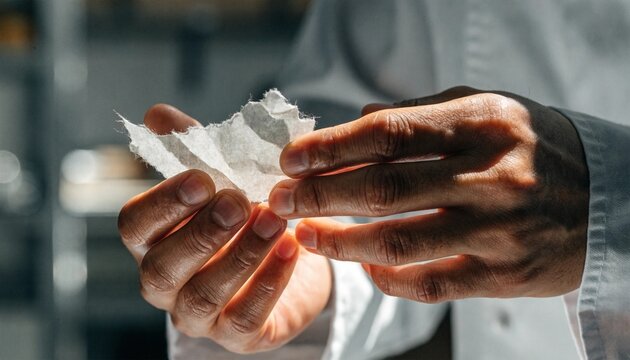 Professional chef hands carefully holding a piece of torn white paper, perfect for recipe notes or restaurant order mockups, showing detail of hands in a culinary kitchen atmosphere.
